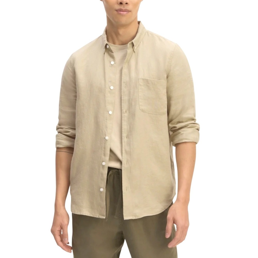 Everlane Mens XL Linen Button Down Shirt Khaki Beige Long Sleeve European Flax